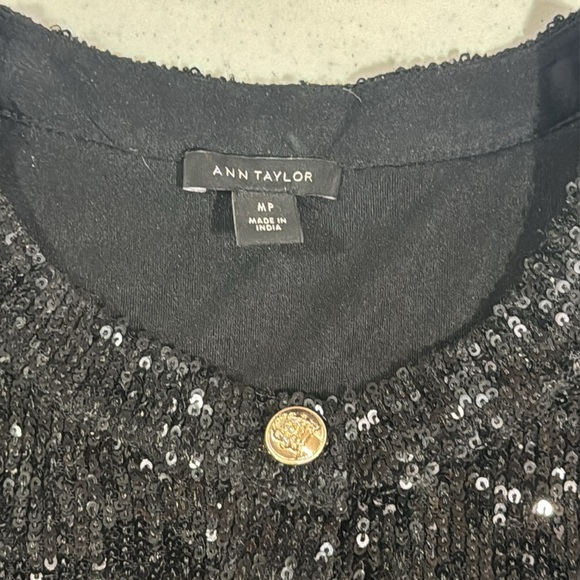 Ann Taylor Sequins Henley Blouse Black Medium Petite with Gold Buttons - Picture 4 of 9